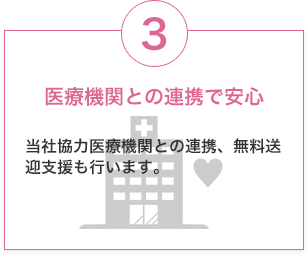 医療関係との連携で安心　当社協力医療機関との連携、無料送迎支援も行います。